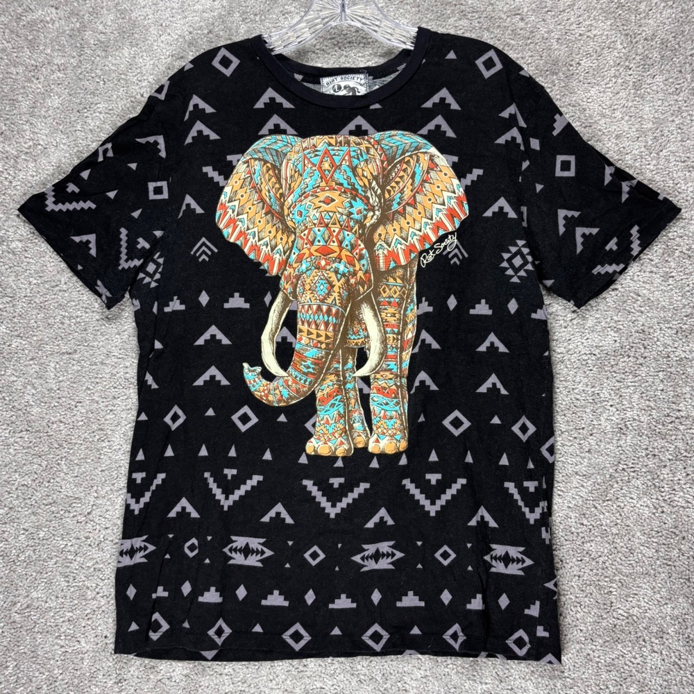 Riot Society Mens Large‎ Black Aztec Elephant Graphic T-Shirt All Over Print L